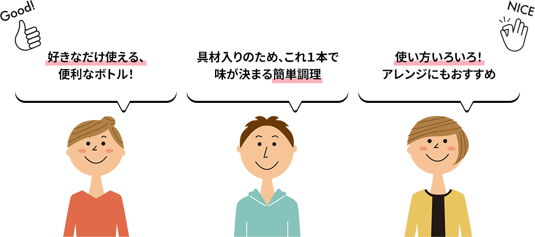 ・好きなだけ使える、便利なボトル!・具材入のため、これ1本で味が決まる簡単調理・使い方いろいろ!アレンジにもおすすめ