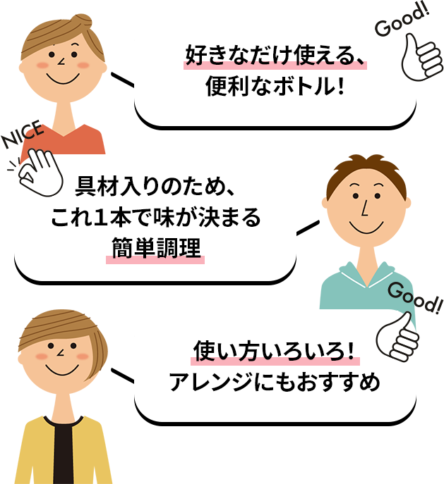 ・好きなだけ使える、便利なボトル!・具材入のため、これ1本で味が決まる簡単調理・使い方いろいろ!アレンジにもおすすめ