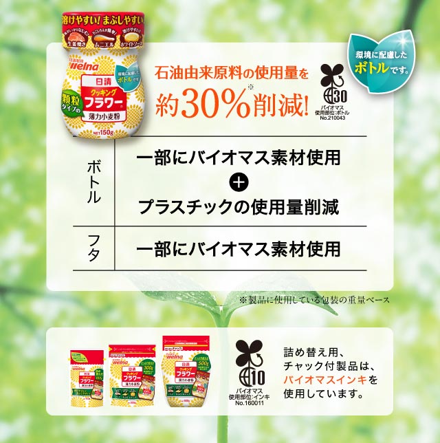 石油由来原料約30%削減！ ボトルは一部にバイオマス素材使用＋プラスチック薄肉化 フタは一部にバイオマス素材使用 ボトル以外の製品についてはバイオマスインキを使用しています。