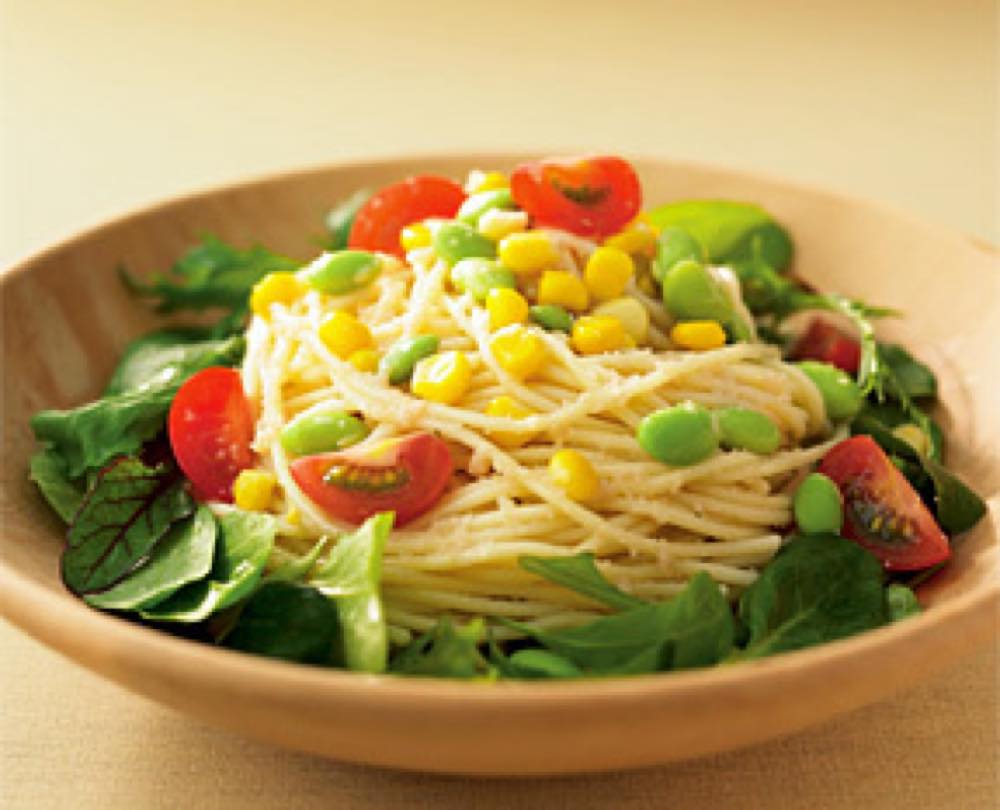 枝豆ととうもろこしの冷製たらこスパゲティ
