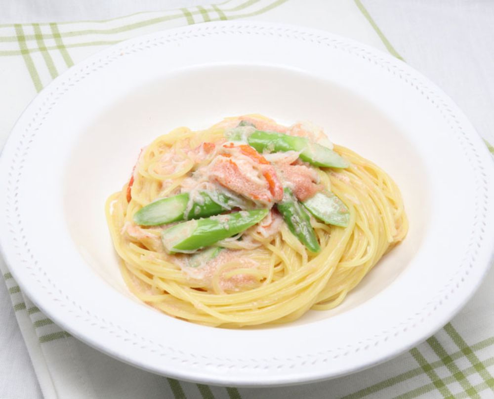 かにとアスパラガスのたらこクリームスパゲティ レシピ 日清製粉ウェルナ かにとアスパラガスのたらこクリームスパゲティ レシピ 日清製粉ウェルナ