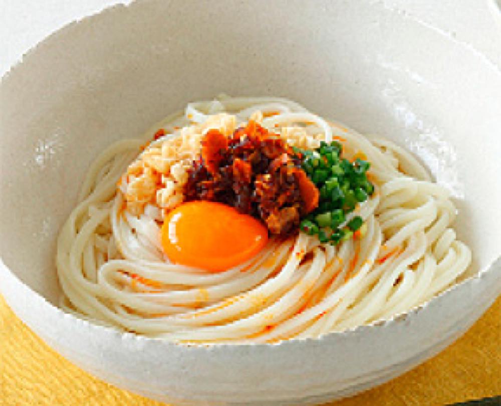 食べるラー油の釜玉うどん