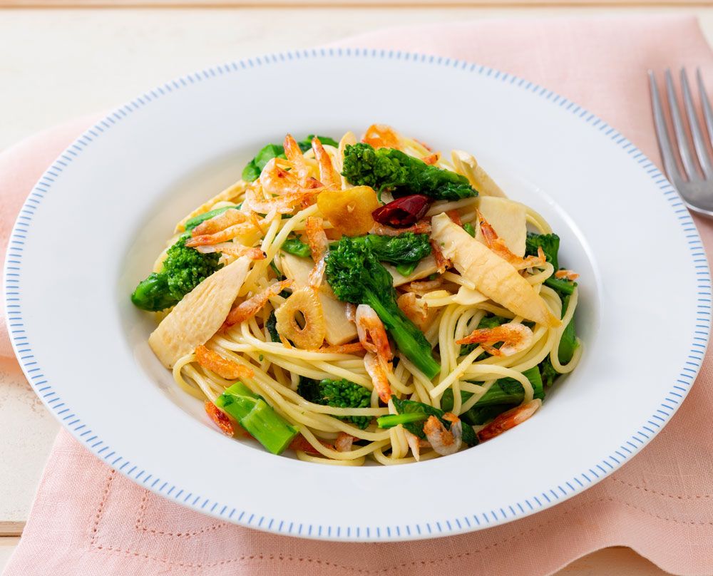 菜の花とたけのこと桜えびの和風ぺペロンチーノ レシピ 日清製粉ウェルナ 菜の花とたけのこと桜えびの和風ぺペロンチーノ レシピ 日清製粉ウェルナ