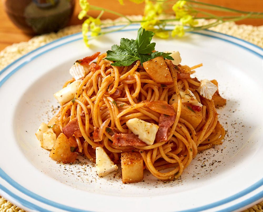 新じゃがでとろりカマンのジャーマンポテトミートパスタ レシピ 日清製粉ウェルナ 新じゃがでとろりカマンのジャーマンポテトミートパスタ レシピ 日清製粉ウェルナ