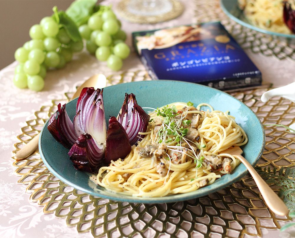 ローストした紫玉ねぎのフラワーのせパスタ レシピ 日清製粉ウェルナ ローストした紫玉ねぎのフラワーのせパスタ レシピ 日清製粉ウェルナ