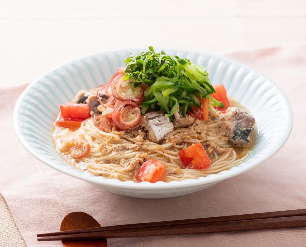 1/3日分の野菜を食べる！さば缶で冷や汁そうめん