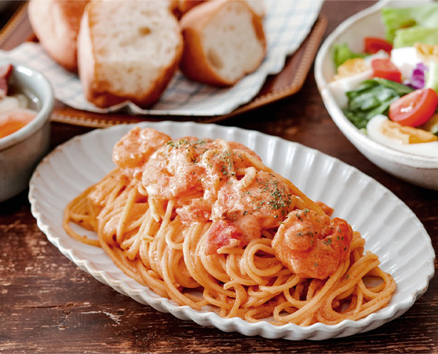 ナポリタンde海老のトマト豆乳クリームパスタ
