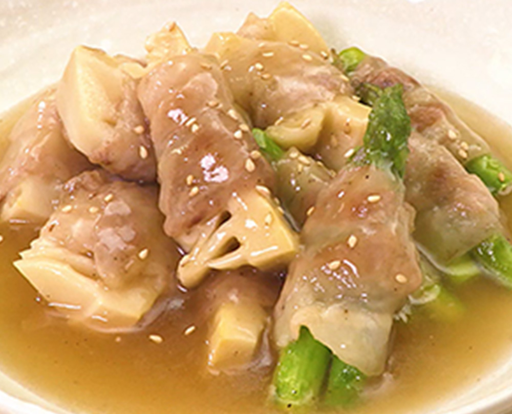 たけのことアスパラのあんかけ肉巻き