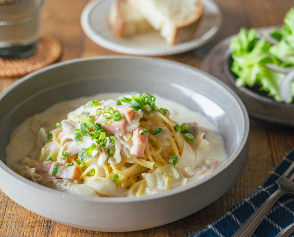 ベーコンと白菜の豆乳スープパスタ