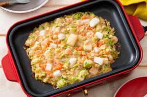 ホットプレートでシーフード明太もちもんじゃ