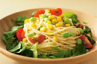 枝豆ととうもろこしの冷製たらこスパゲティ