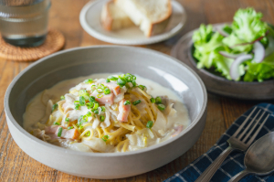 ベーコンと白菜の豆乳スープパスタ